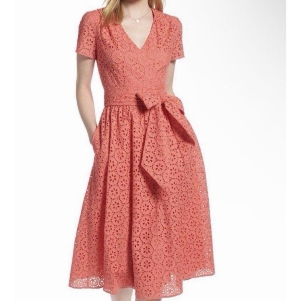 1901 Eyelet Lace Midi Dress Coral Orange Wrap Style Short Sleeve size 6